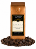 1 lb Dark Chocolate Chunk coffee beans bag with coffee beans and dark chocolate chunks in front displayed on a white background