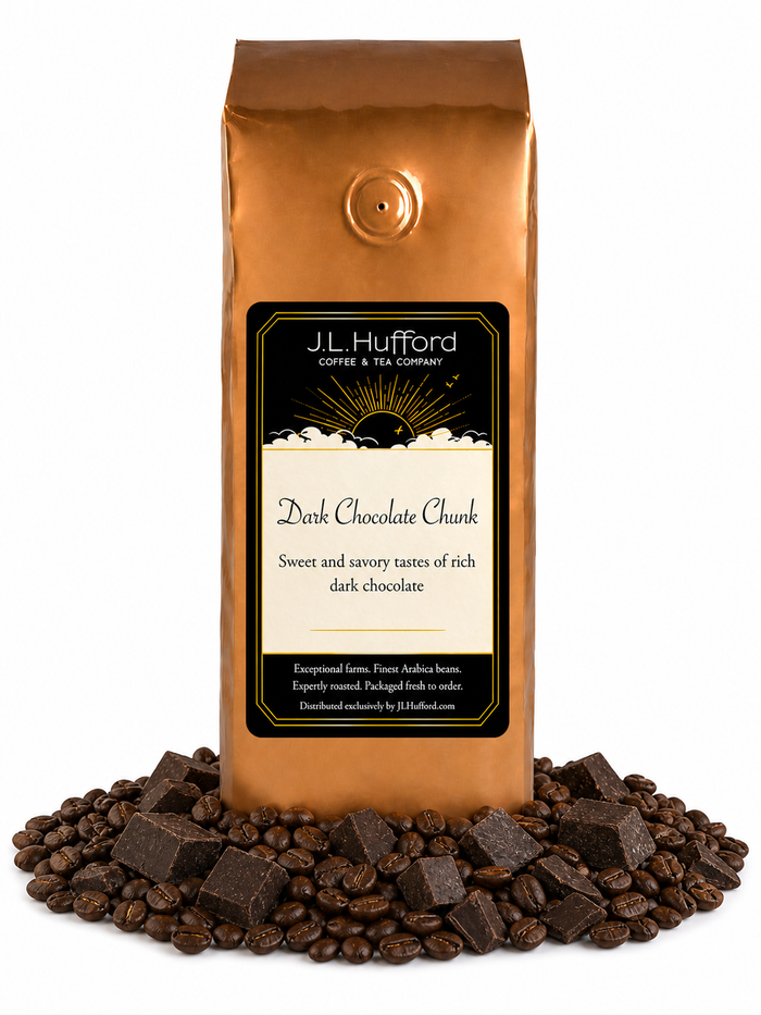 1 lb Dark Chocolate Chunk coffee beans bag with coffee beans and dark chocolate chunks in front displayed on a white background