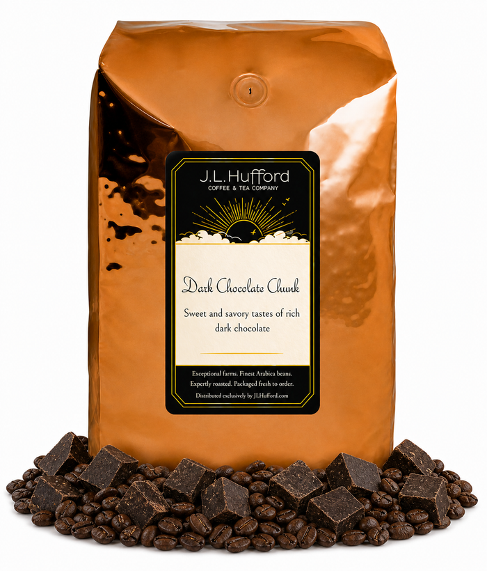 5 lb Dark Chocolate Chunk coffee beans bag with coffee beans and dark chocolate chunks in front displayed on a white background