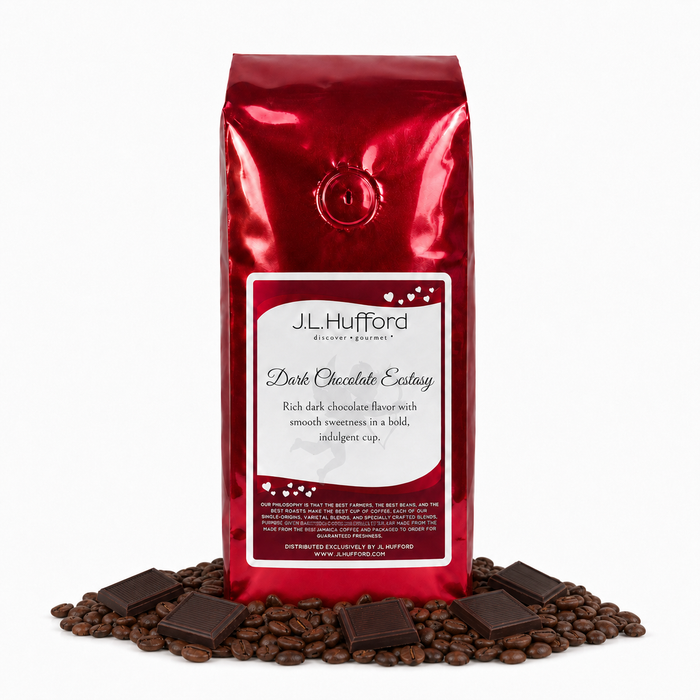 1 lb J.L. Hufford Dark Chocolate Ecstasy coffee bag with coffee beans and dark chocolate bars on a white background
