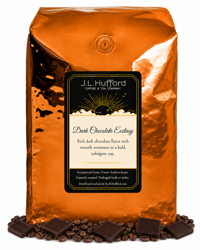 5 lb J.L. Hufford Dark Chocolate Ecstasy coffee bag with coffee beans and dark chocolate bars on a white background