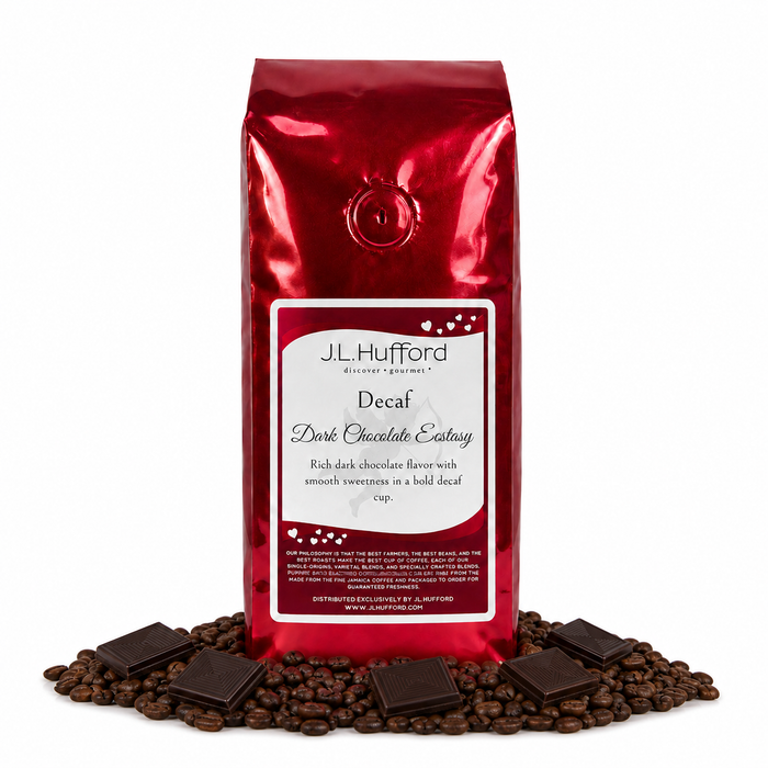 1 lb Decaf Dark Chocolate Ecstasy coffee beans bag with coffee beans and dark chocolate bars in front displayed on a white background