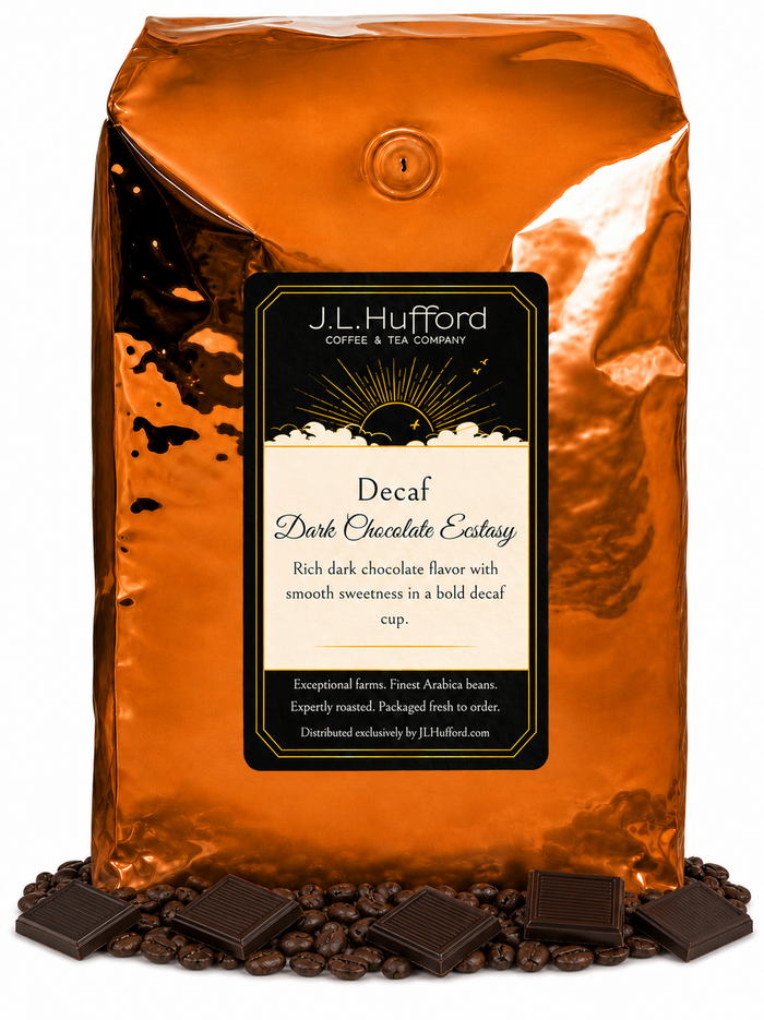 5 lb Decaf Dark Chocolate Ecstasy coffee beans bag with coffee beans and dark chocolate bars in front displayed on a white background