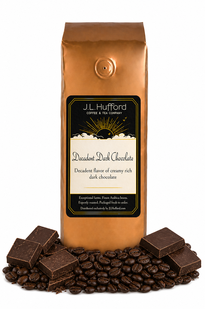 1 lb Decadent Dark Chocolate coffee beans bag with coffee beans and blocks of dark chocolate in front displayed on a white background