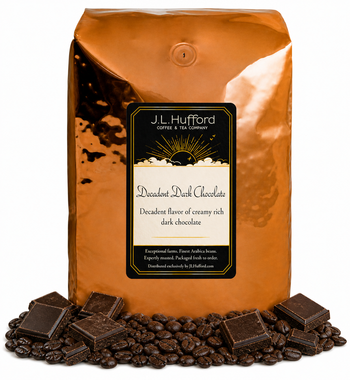 5 lb Decadent Dark Chocolate coffee beans bag with coffee beans and blocks of dark chocolate in front displayed on a white background
