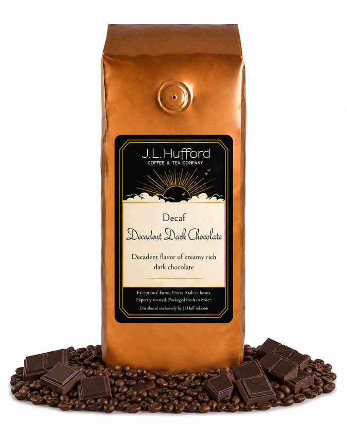 1 lb Decaf Decadent Dark Chocolate coffee beans bag with coffee beans and blocks of dark chocolate in front displayed on a white background