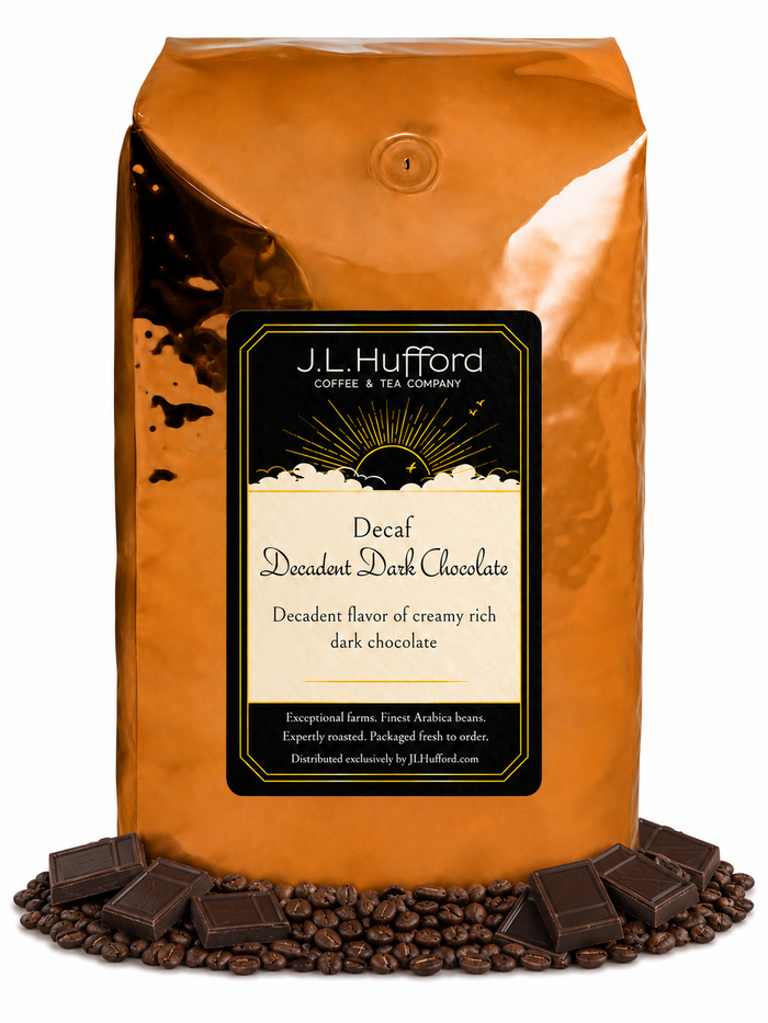 5 lb Decaf Decadent Dark Chocolate coffee beans bag with coffee beans and blocks of dark chocolate in front displayed on a white background
