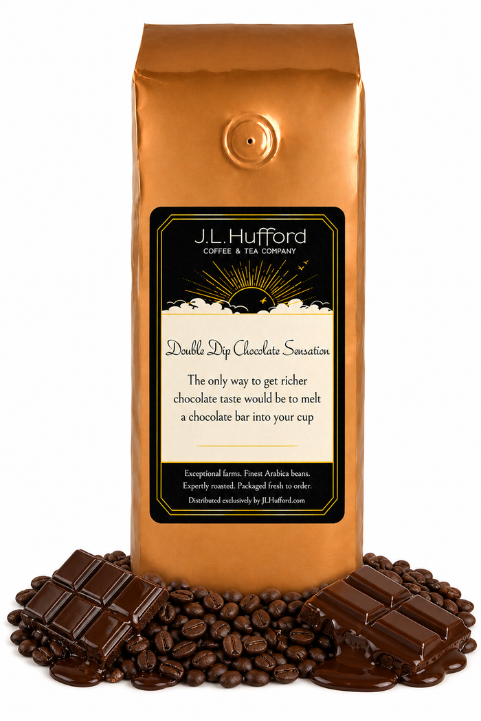 1 lb Double Dip Chocolate Sensation coffee beans bag with coffee beans melting chocolate bars in front displayed on a white background