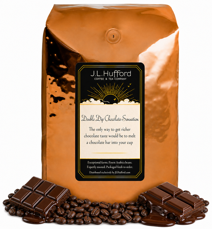 5 lb Double Dip Chocolate Sensation coffee beans bag with coffee beans melting chocolate bars in front displayed on a white background