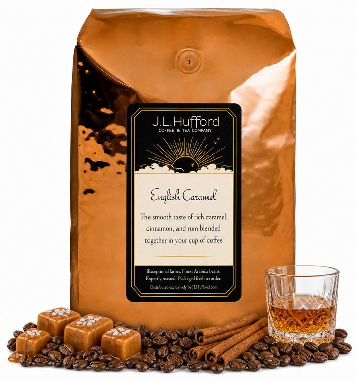 5 lb English Caramel coffee beans bag with coffee beans, cinnamon sticks, blocks of caramel, and a glass of rum in front displayed on a white background