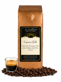 1 lb Espresso Bold coffee beans bag with coffee beans and a shot of espresso in front displayed on a white background