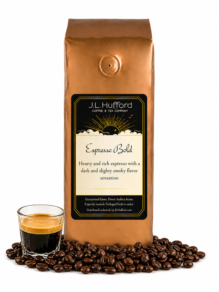 1 lb Espresso Bold coffee beans bag with coffee beans and a shot of espresso in front displayed on a white background