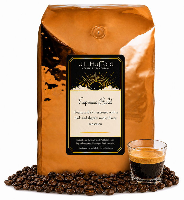 5 lb Espresso Bold coffee beans bag with coffee beans and a shot of espresso in front displayed on a white background