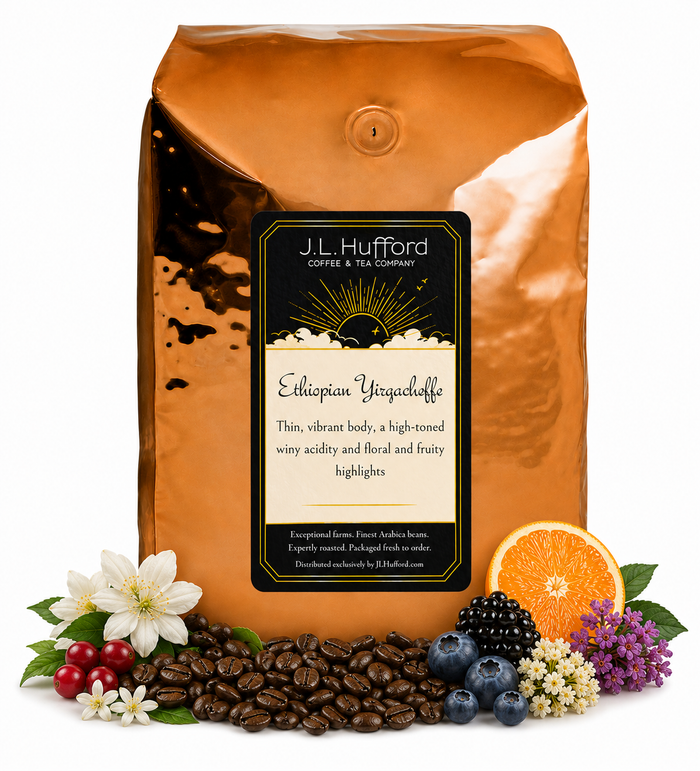 5 lb J.L. Hufford Ethiopian Yirgacheffe coffee bag with coffee beans, florals, and fruits on a white background