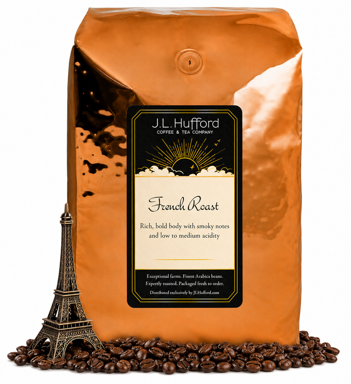 5 lb Espresso Bold coffee beans bag with coffee beans and the Eiffel tower in front displayed on a white background