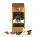 1 lb coffee bag labeled 'French Vanilla' by J.L. Hufford with coffee beans and vanilla flowers on a white background