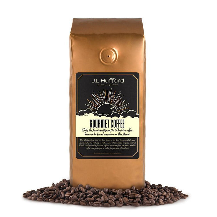 1 lb decaf coffee bag with coffee beans in front displayed on a white background