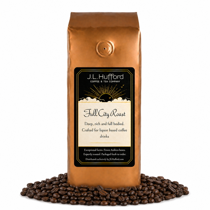 1 lb Full City Roast coffee beans bag with coffee beans in front displayed on a white background