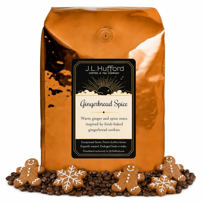 5 lb Gingerbread Spice coffee beans bag with coffee beans and gingerbread cookies in front displayed on a white background
