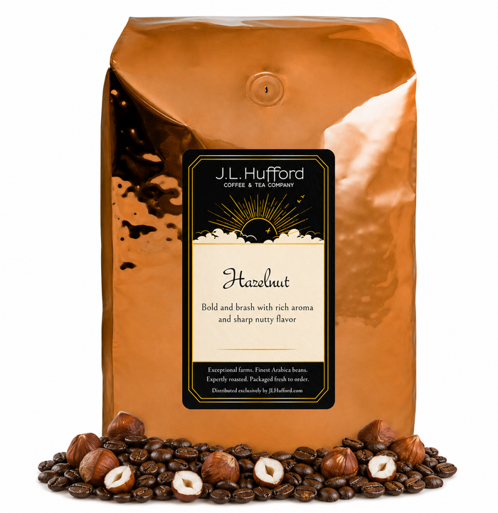 5 lb J.L. Hufford Hazelnut coffee bag with coffee beans and hazelnuts on a white background
