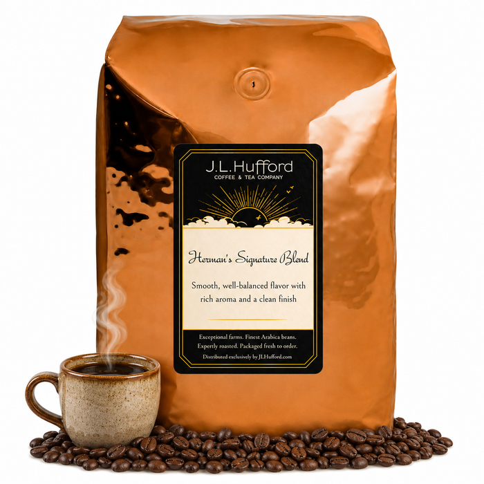 5 lb J.L. Hufford Herman's Signature Blend coffee bag with coffee beans and mug of coffee on a white background