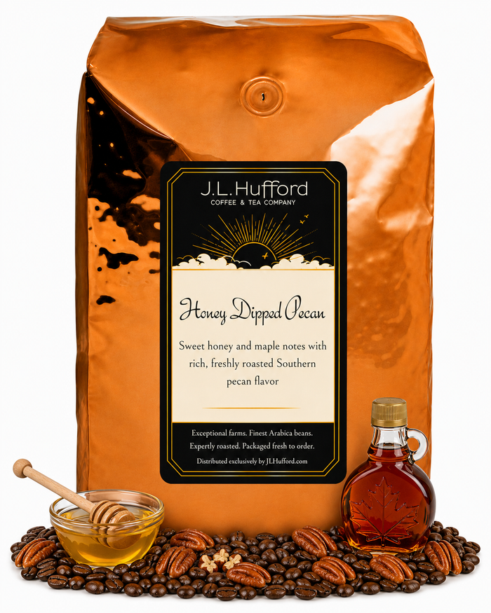 5 lb J.L. Hufford Honey Dipped Pecan coffee bag with coffee beans, pecans, honey, and jar of maple on a white background