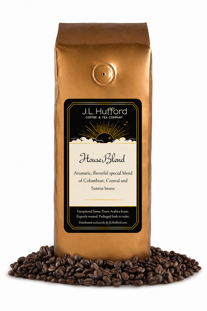 1 lb J.L. Hufford House Blend coffee bag with coffee beans on a white background