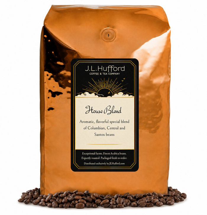 5 lb J.L. Hufford House Blend coffee bag with coffee beans on a white background