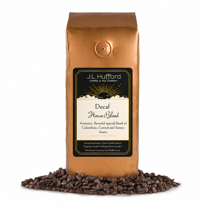 1 lb J.L. Hufford Decaf House Blend coffee bag with coffee beans on a white background