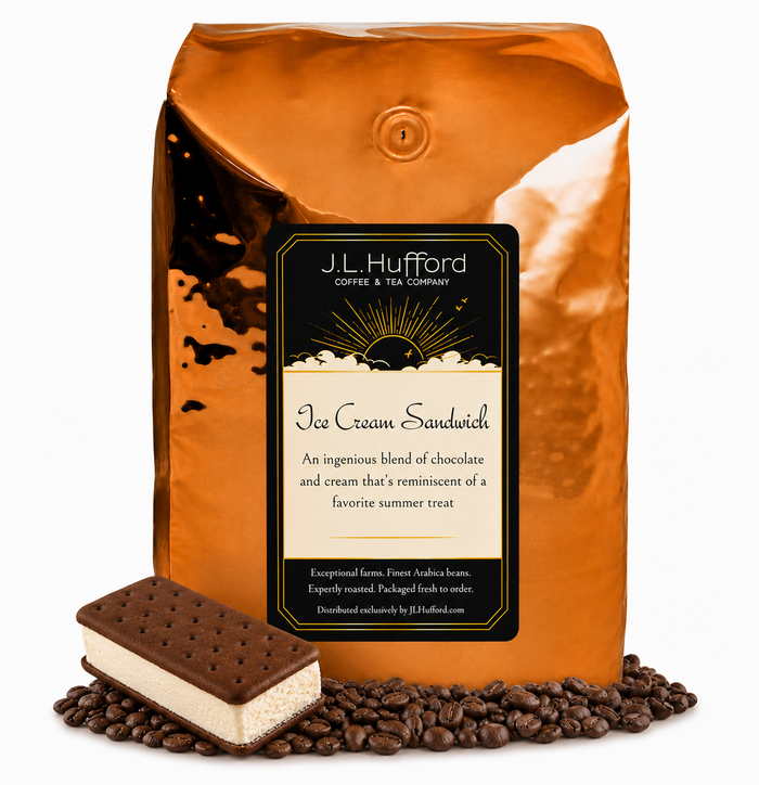 5 lb J.L. Hufford Ice Cream Sandwich coffee bag with coffee beans and ice cream sandwich on a white background