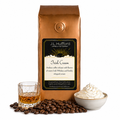 1 lb J.L. Hufford Irish Cream coffee bag with coffee beans, glass of Irish whiskey, and bowl of whipped cream on a white background