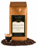 1 lb J.L. Hufford Italian Espresso Blend coffee bag with coffee beans and a shot of espresso on a white background