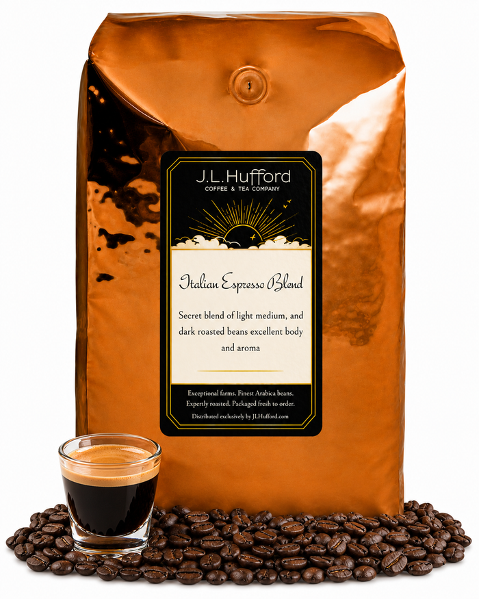 5 lb J.L. Hufford Italian Espresso Blend coffee bag with coffee beans and a shot of espresso on a white background