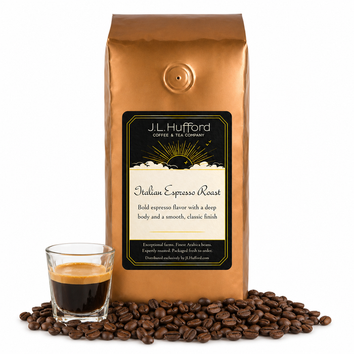 1 lb J.L. Hufford Italian Espresso Roast coffee bag with coffee beans and a shot of espresso on a white background