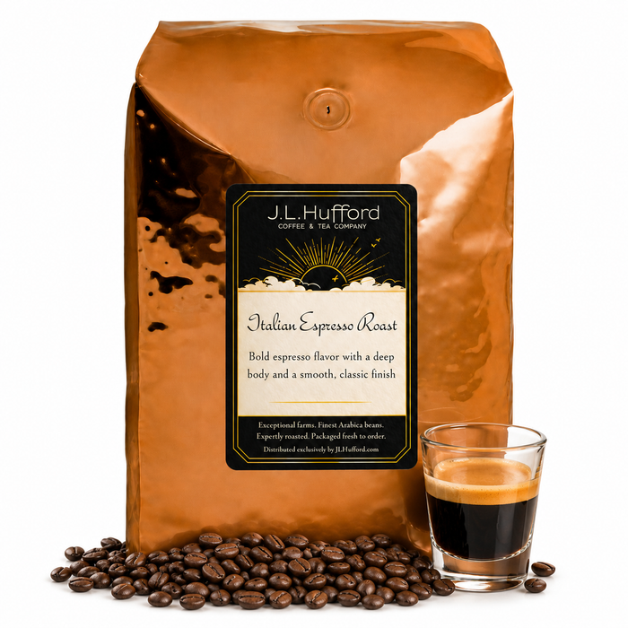 5 lb J.L. Hufford Italian Espresso Roast coffee bag with coffee beans and a shot of espresso on a white background