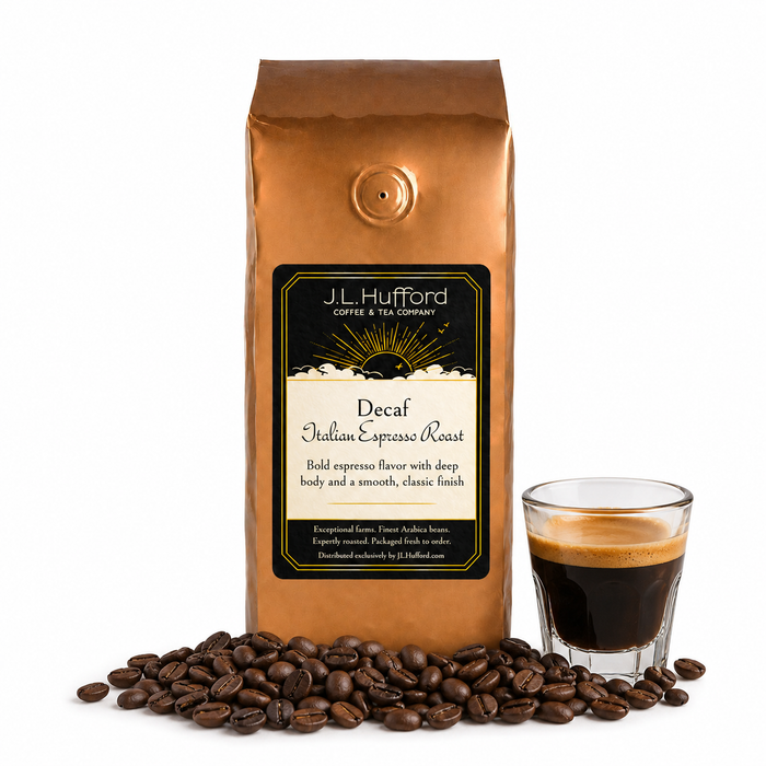 1 lb J.L. Hufford Decaf Italian Espresso Roast coffee bag with coffee beans and a shot of espresso on a white background