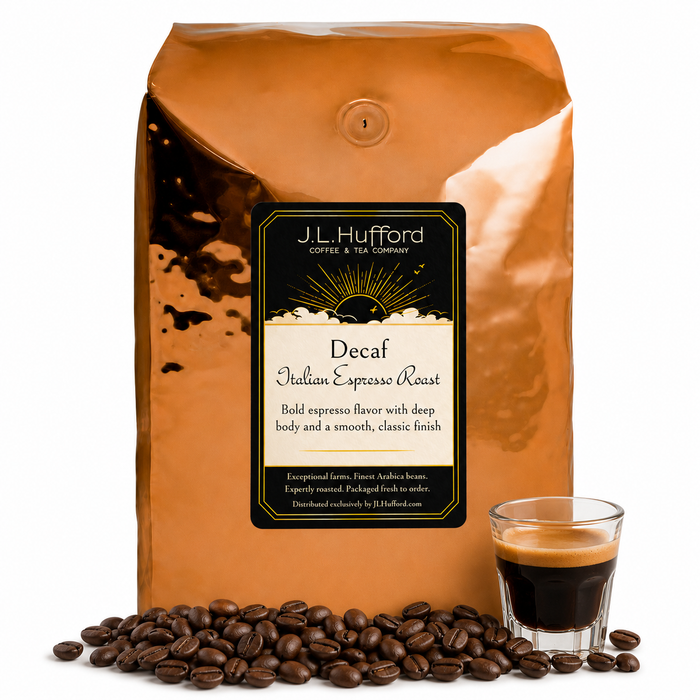 5 lb J.L. Hufford Decaf Italian Espresso Roast coffee bag with coffee beans and a shot of espresso on a white background