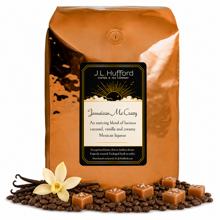 5 lb J.L. Hufford Jamaican Me Crazy coffee bag with coffee beans, blocks of caramel, and vanilla sticks on a white background
