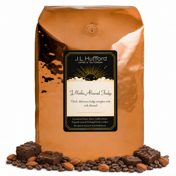 5 lb J.L. Hufford J Mocha Almond Fudge coffee bag with coffee beans, almonds, and fudge brownies on a white background