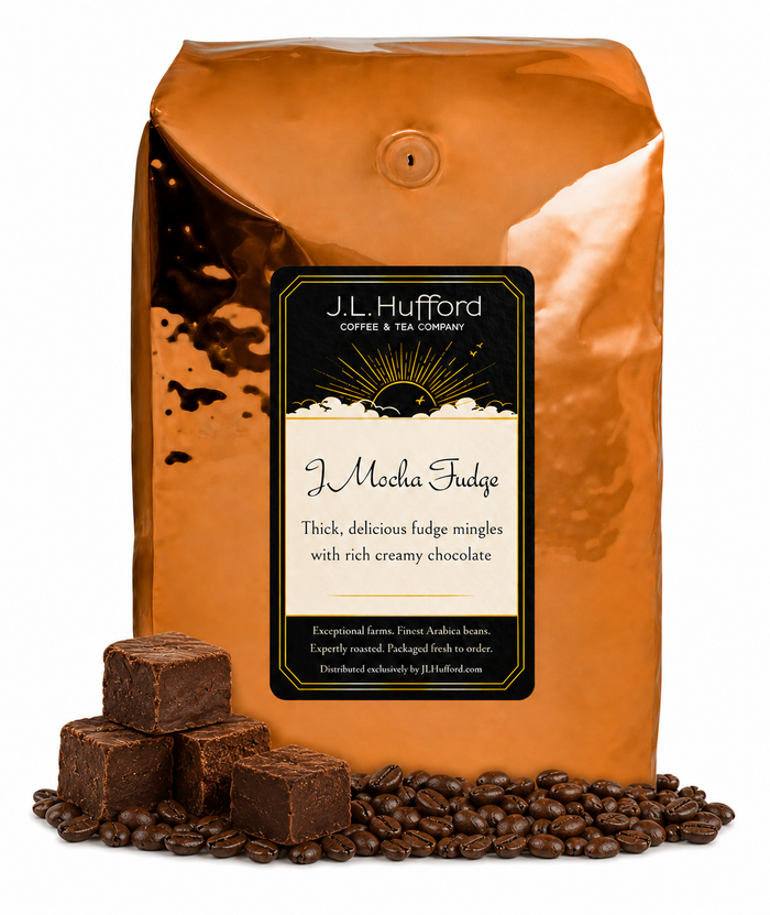 5 lb J.L. Hufford J Mocha Fudge coffee bag with coffee beans and fudge blocks on a white background