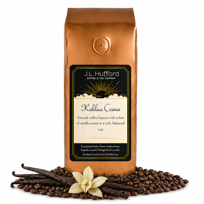1 lb Kahlua Creme coffee beans bag with coffee beans and vanilla sticks in front displayed on a white background
