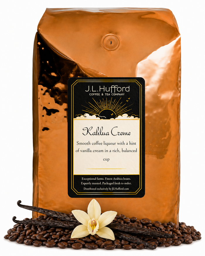 5 lb Kahlua Creme coffee beans bag with coffee beans and vanilla sticks in front displayed on a white background