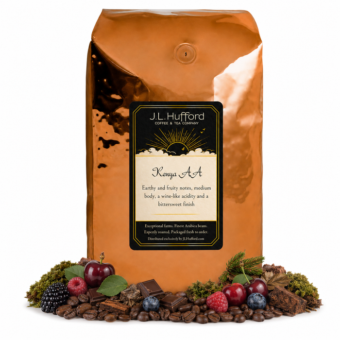 5 lb J.L. Hufford Kenya AA coffee bag with coffee beans, fruits, chocolate, and earth materials on a white background