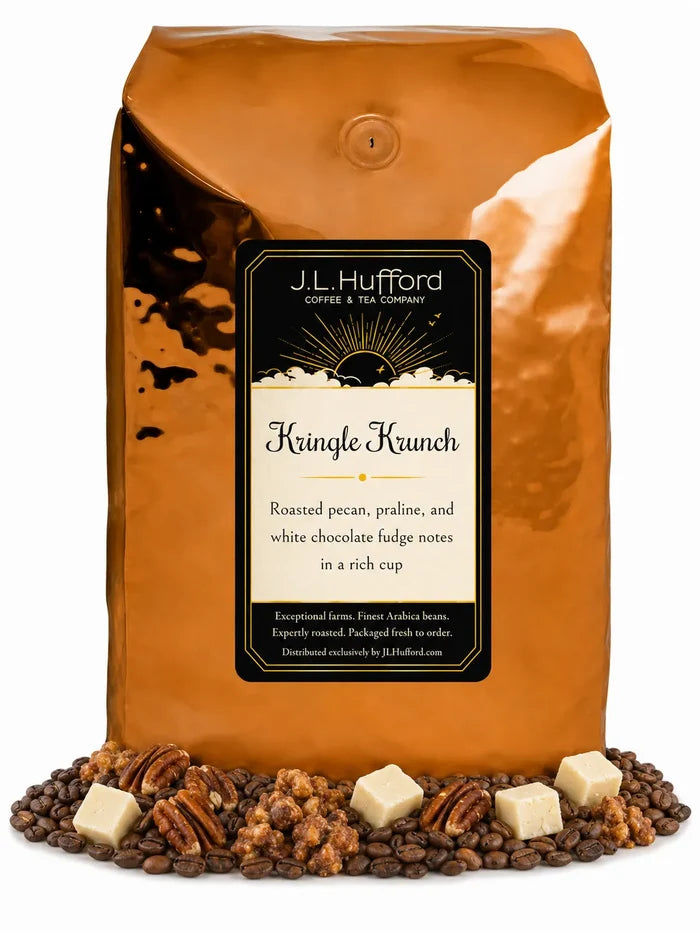 5 lb Kringle Krunch coffee beans bag with coffee beans, pecan, praline, and white chocolate fudge in front displayed on a white background