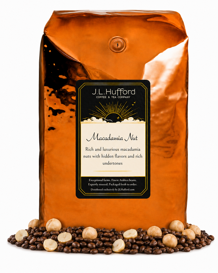 5 lb J.L. Hufford Macadamia Nut Coffee with coffee beans and macadamia nut in front displayed on a white background