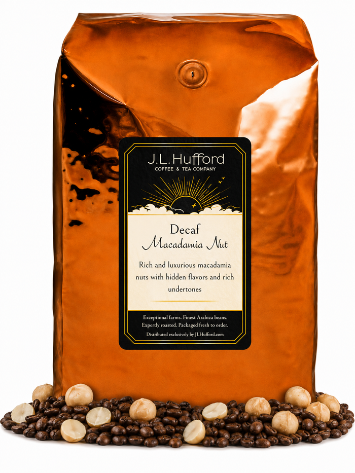 5 lb J.L. Hufford Decaf Macadamia Nut Coffee with coffee beans and macadamia nut in front displayed on a white background
