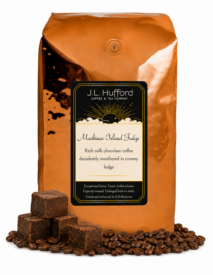 5 lb J.L. Hufford Mackinac Island Fudge coffee bag with coffee beans and fudge blocks on a white background