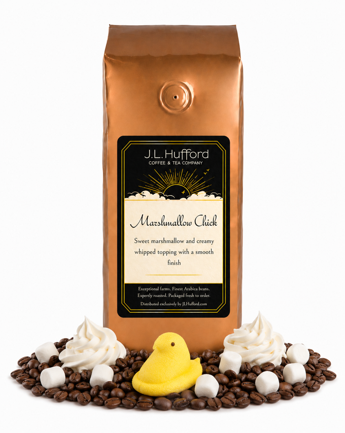 1 lb J.L. Hufford Marshmallow Chick coffee bag with coffee beans, whipped cream, marshmallows, and marshmallow chick on a white background