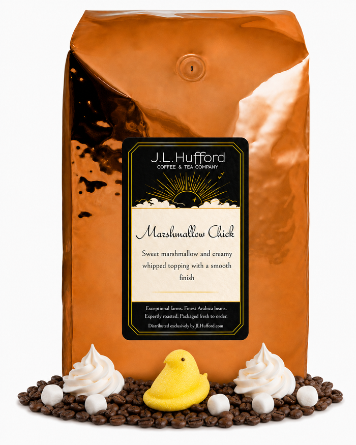 5 lb J.L. Hufford Marshmallow Chick coffee bag with coffee beans, whipped cream, marshmallows, and marshmallow chick on a white background