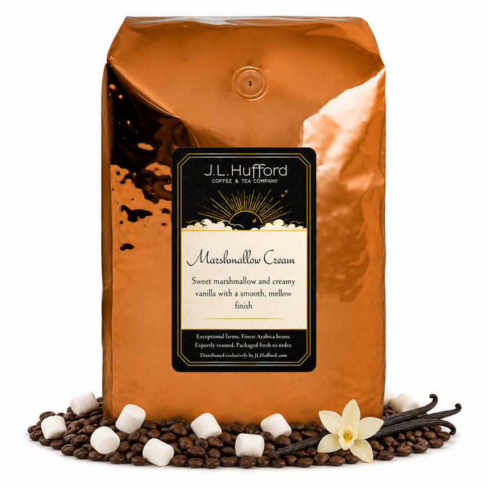 5 lb J.L. Hufford Marshmallow Cream coffee bag with coffee beans, marshmallows, and vanilla sticks on a white background